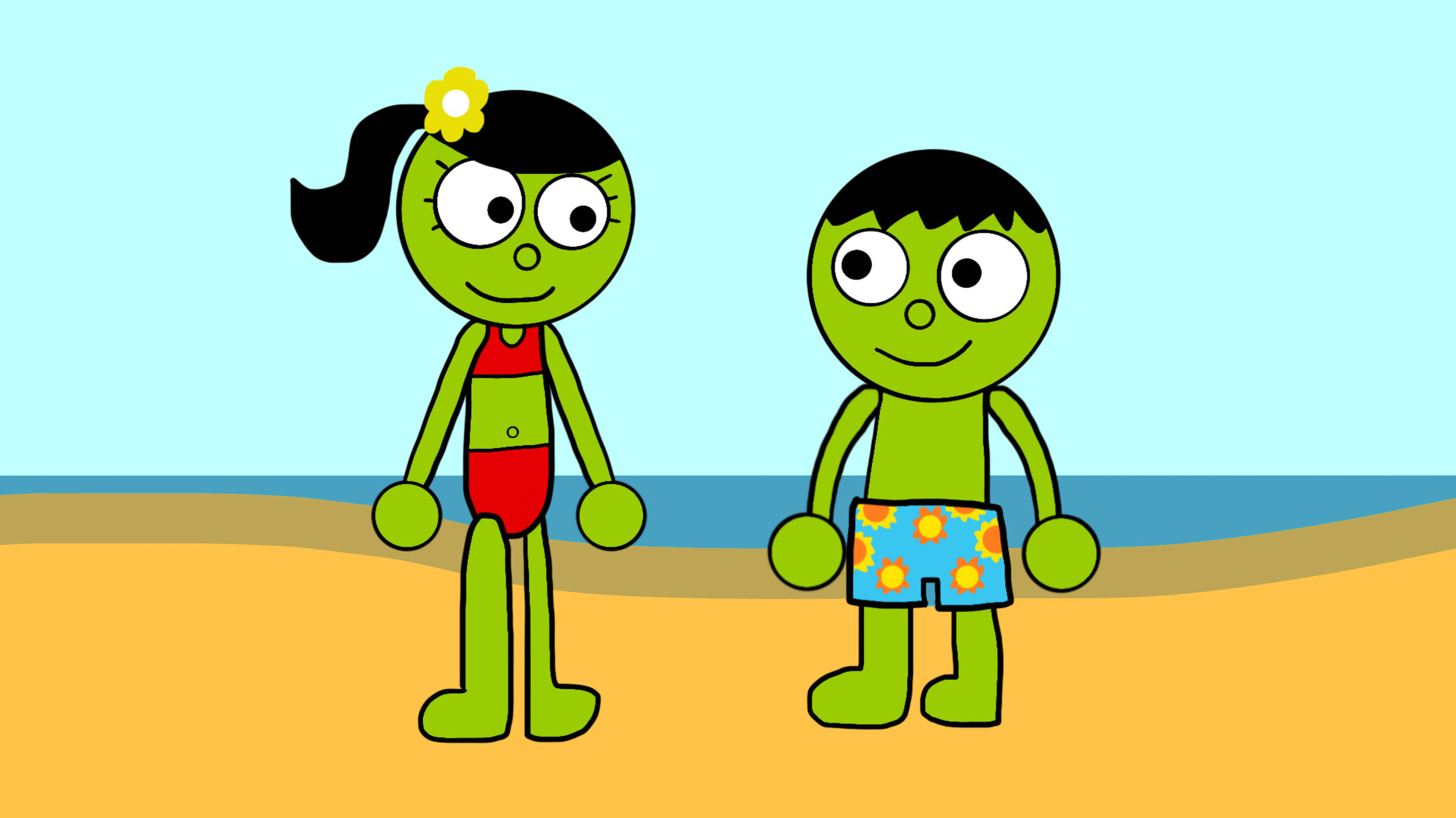 PBS Kids 海灘休閒 壁紙 — 兩個綠色卡通小孩穿著泳衣，微笑地站在沙灘上，背後是海洋和天空。