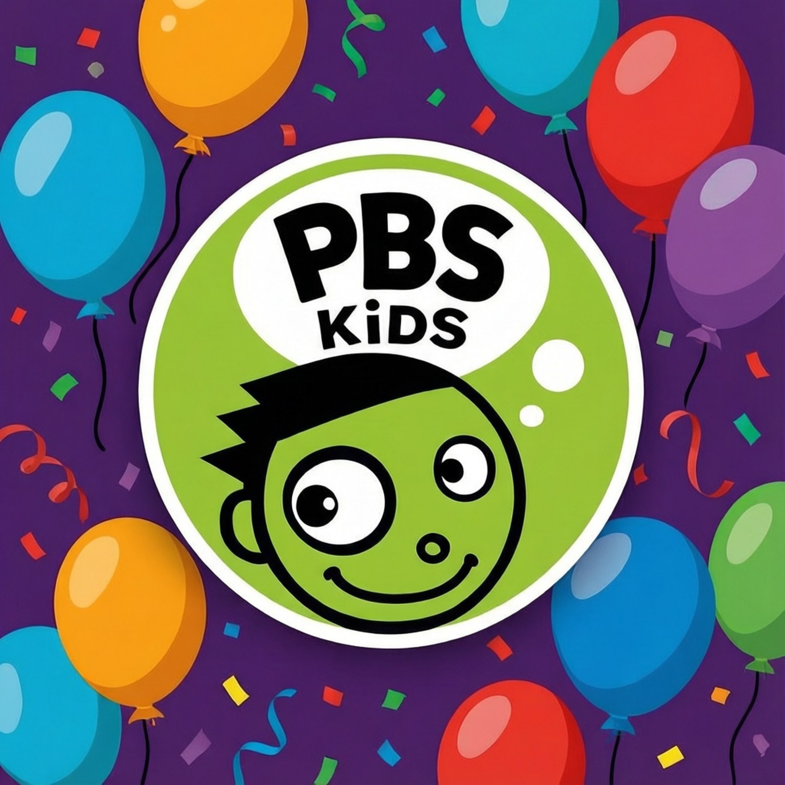 PBS Kids 標誌，紫色背景上有一個微笑的綠色臉，周圍是彩色氣球和五彩紙屑