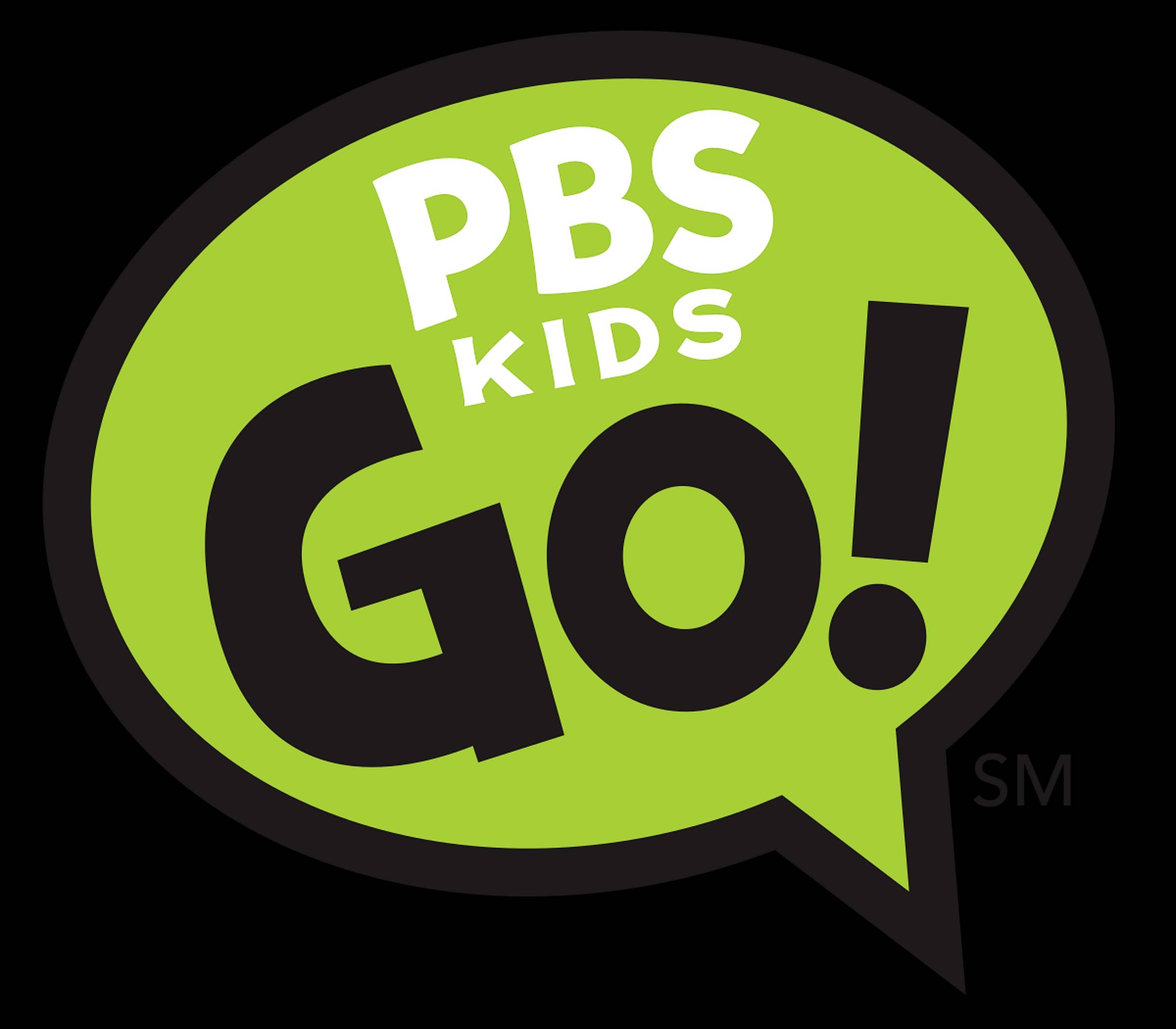 PBS Kids Go 壁紙 — 一個鮮亮的青檸綠色對話氣泡，內有粗體黑白文字寫著 PBS KIDS GO!，背景為黑色。