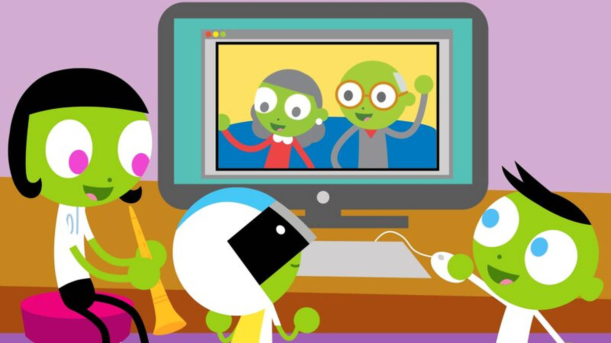 PBS Kids 視訊通話 壁紙 — 三個綠色卡通外星人愉快地與一部顯示兩個微笑外星人進行視像通話的電腦互動。