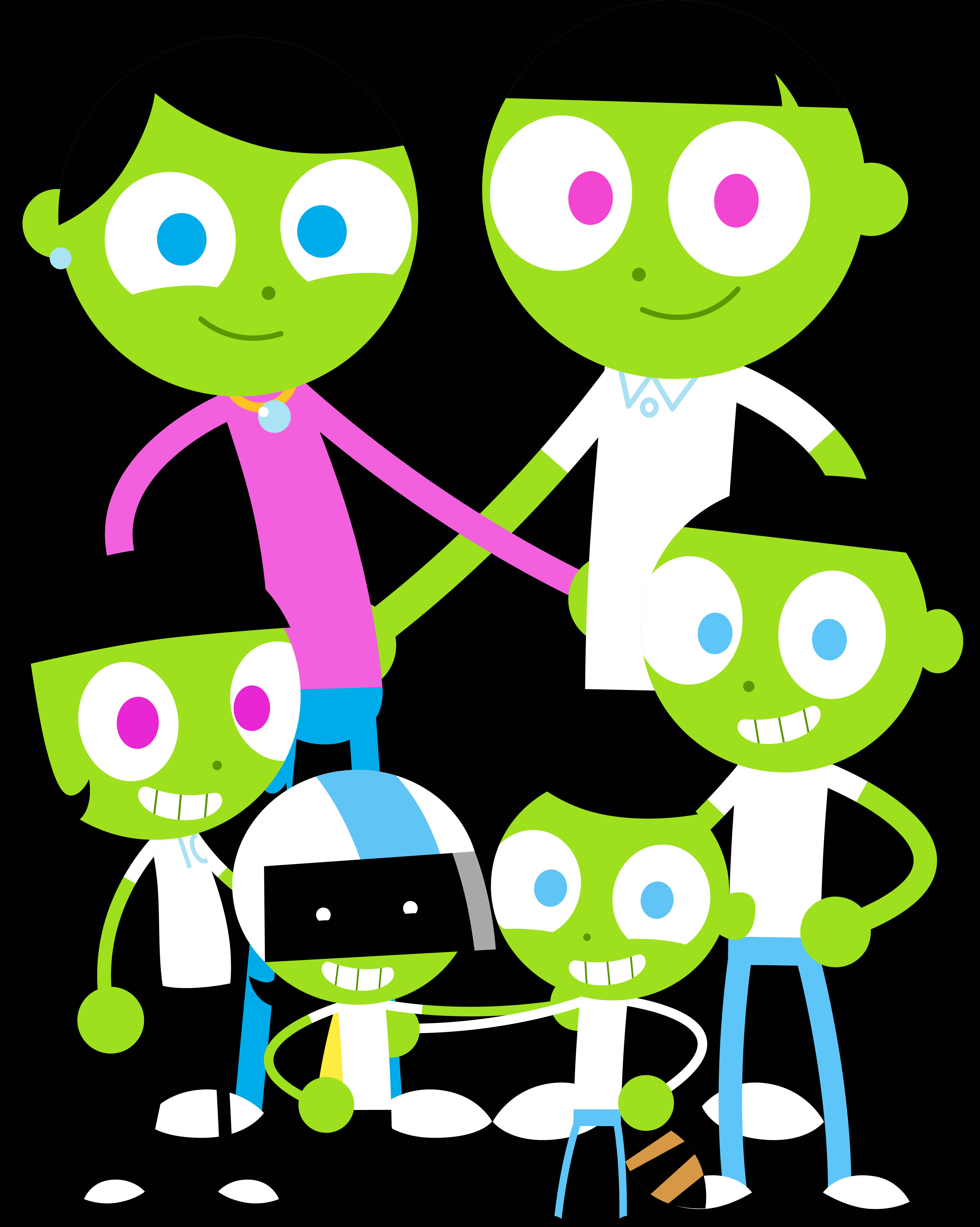 PBS Kids 家庭合照 壁紙 — 六個快樂的綠色卡通外星人，有大眼睛和色彩繽紛的服裝，在黑色背景前一起擺姿勢。