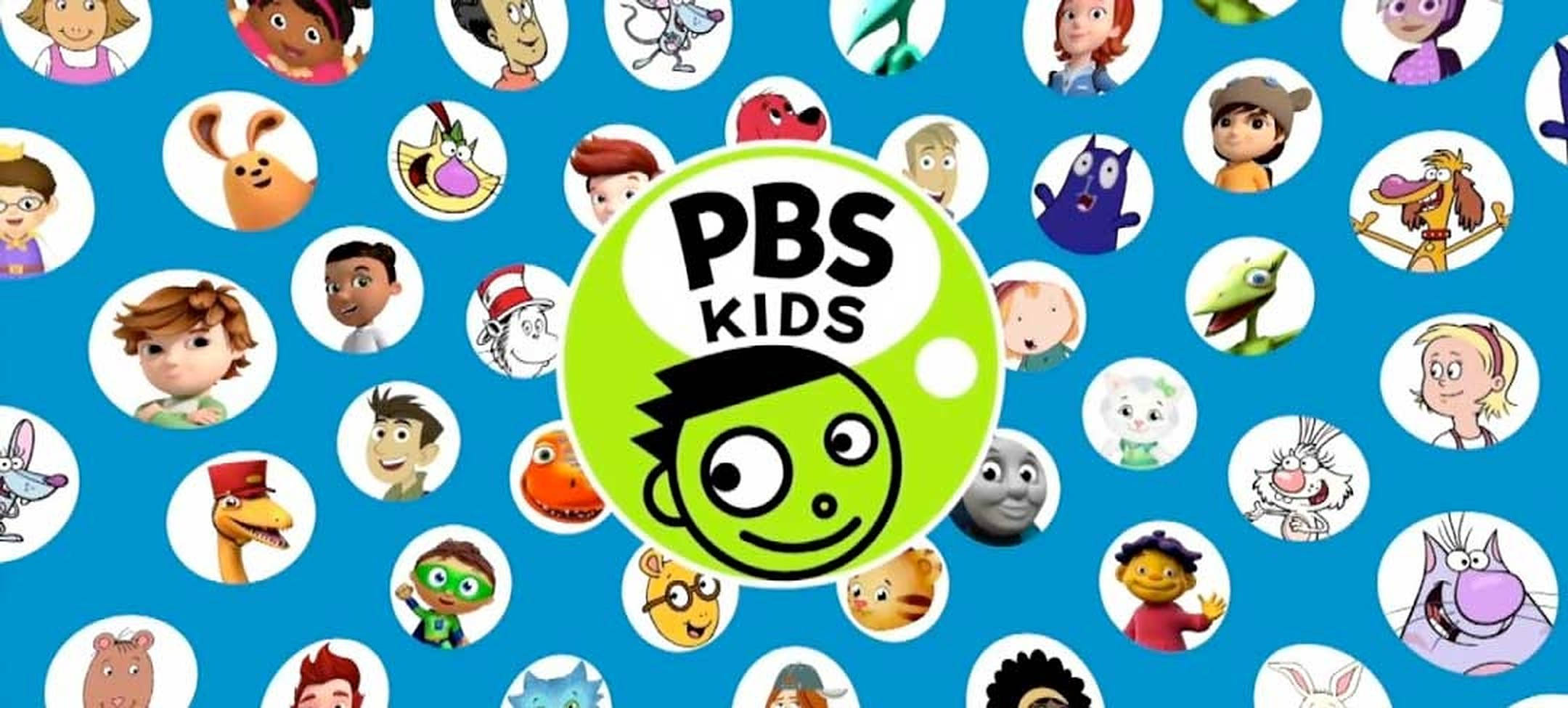 PBS Kids 卡通角色 壁紙 — 充滿活力的藍色背景，上面有各種PBS Kids動畫角色的圓形肖像，圍繞著中央的綠色標誌。