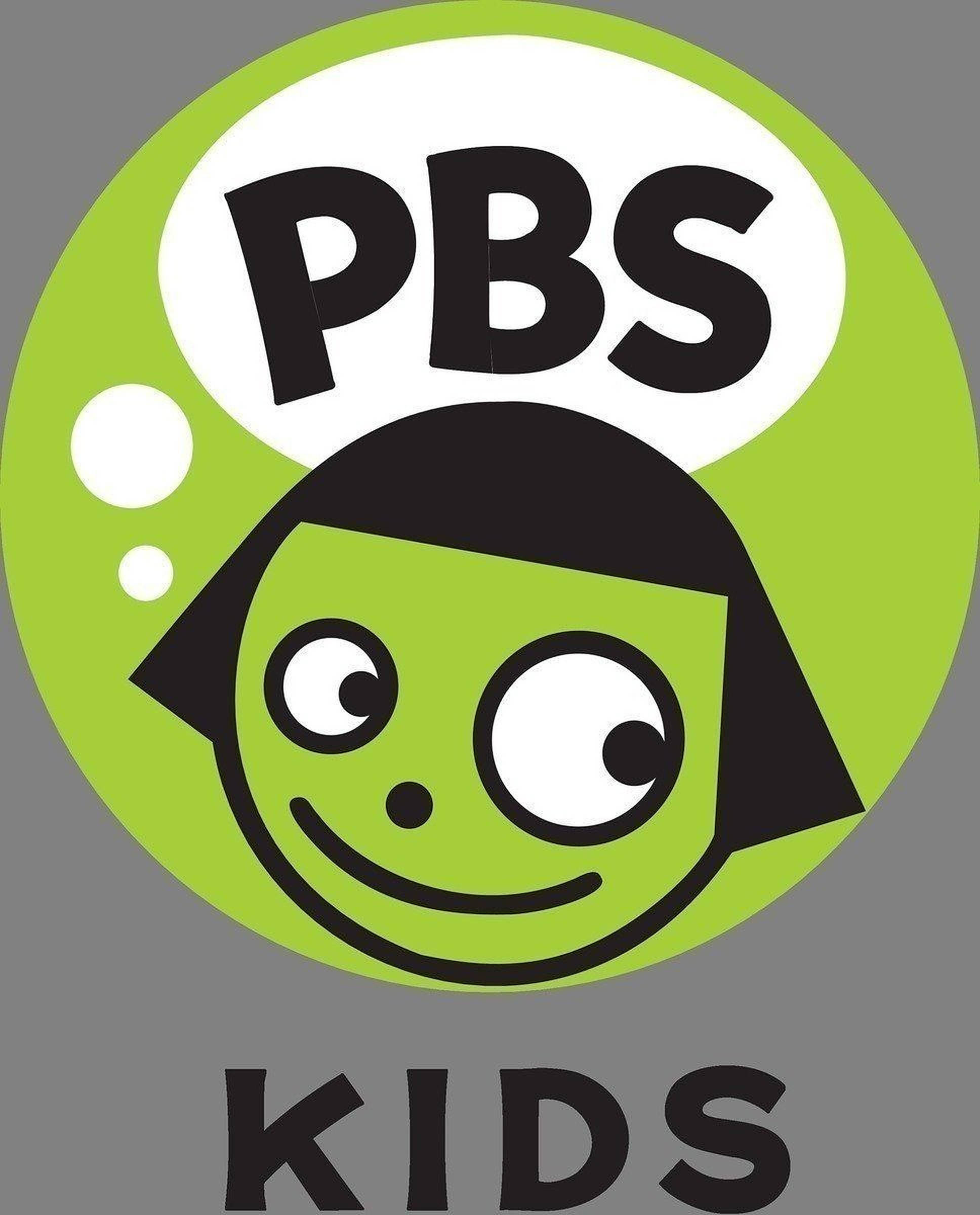 PBS Kids 女孩標誌 壁紙 — 一個快樂的綠色卡通小孩，大眼睛微笑，在青檸綠色圓圈內，帶有PBS Kids文字。