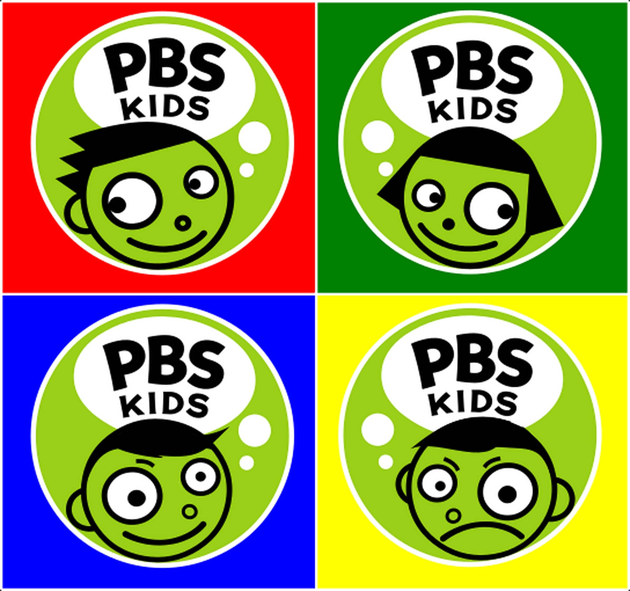 PBS Kids 拼貼畫 壁紙 — 四個色彩繽紛的PBS Kids標誌，每個標誌均以純色背景上帶有不同表情的綠色卡通兒童面孔為特色。