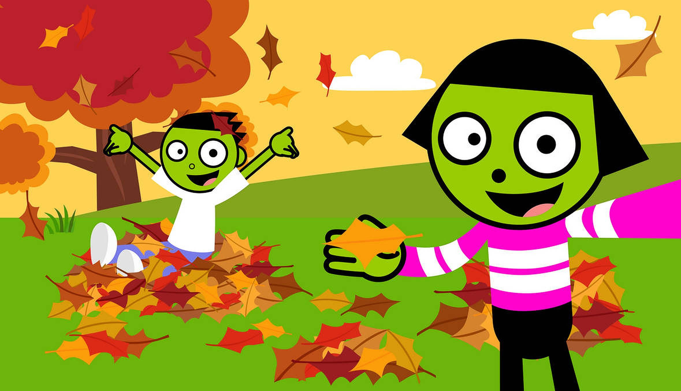 PBS Kids 秋季時光 壁紙 — 兩個綠色卡通小孩喺落葉紛飛嘅樹下，喺一堆色彩繽紛嘅秋葉中開心玩耍。