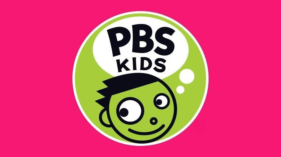 PBS Kids 粉紅海報 壁紙 — 一個開心的綠色卡通小孩，頭髮尖尖，在青檸綠色的圓圈內微笑，背景是鮮豔的粉紅色。