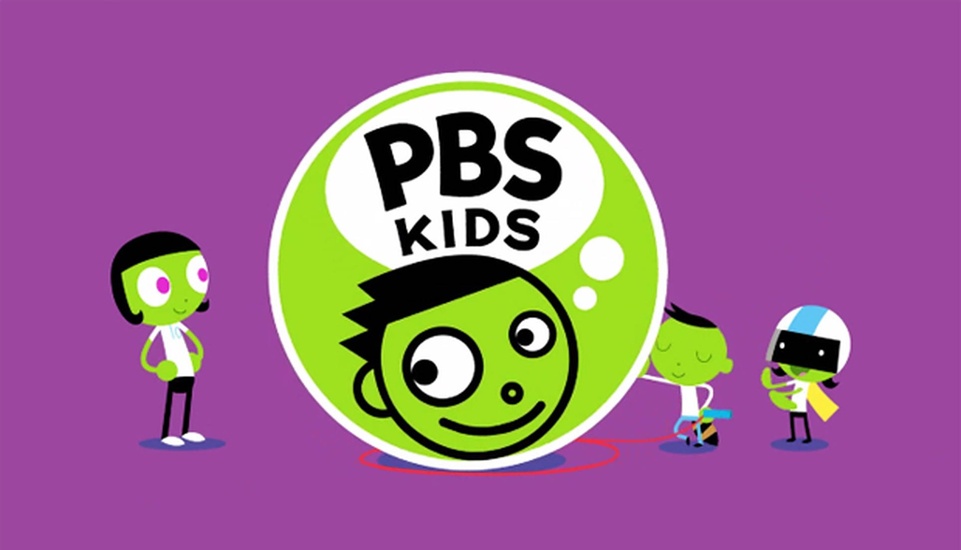 PBS Kids 紫色海報 壁紙 — 四個卡通小孩圍繞著一個大型PBS Kids標誌，上面有一個微笑的綠色臉孔，背景為紫色。
