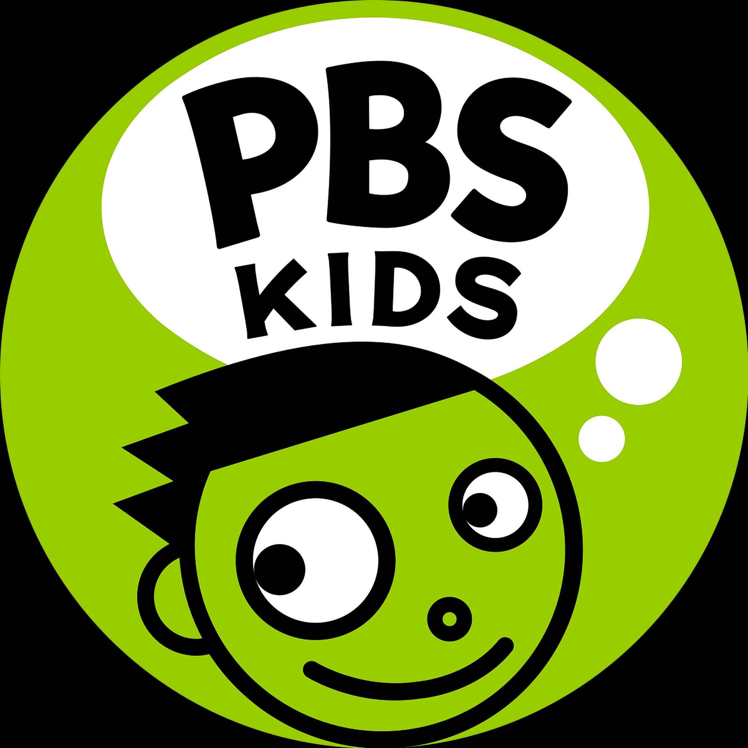 PBS Kids 綠色角色標誌 壁紙 — 一個亮綠色卡通小孩，大眼睛，微笑，在粗體黑色文字的 PBS KIDS 標誌下方。