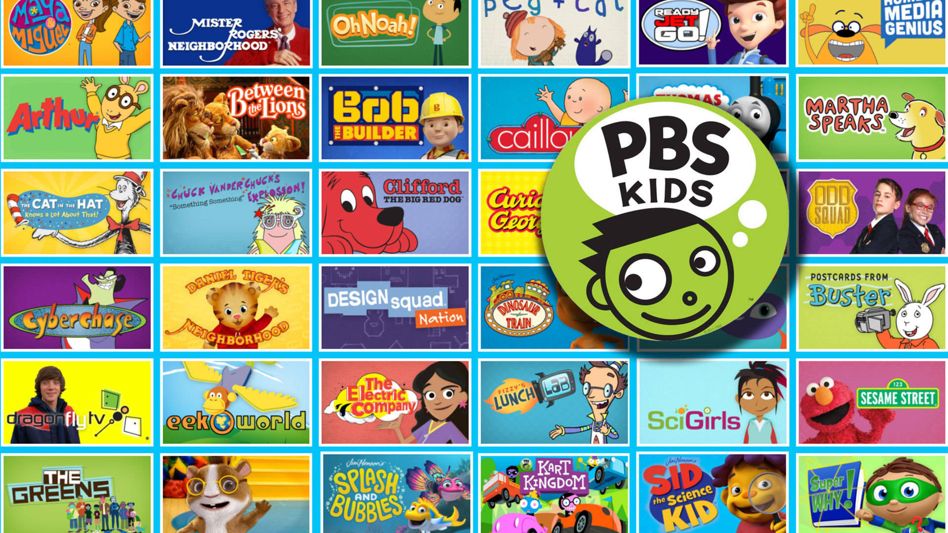 PBS Kids 電視節目 壁紙 — 充滿活力的PBS Kids節目標誌拼貼畫， featuring 色彩繽紛的卡通角色和俏皮設計。