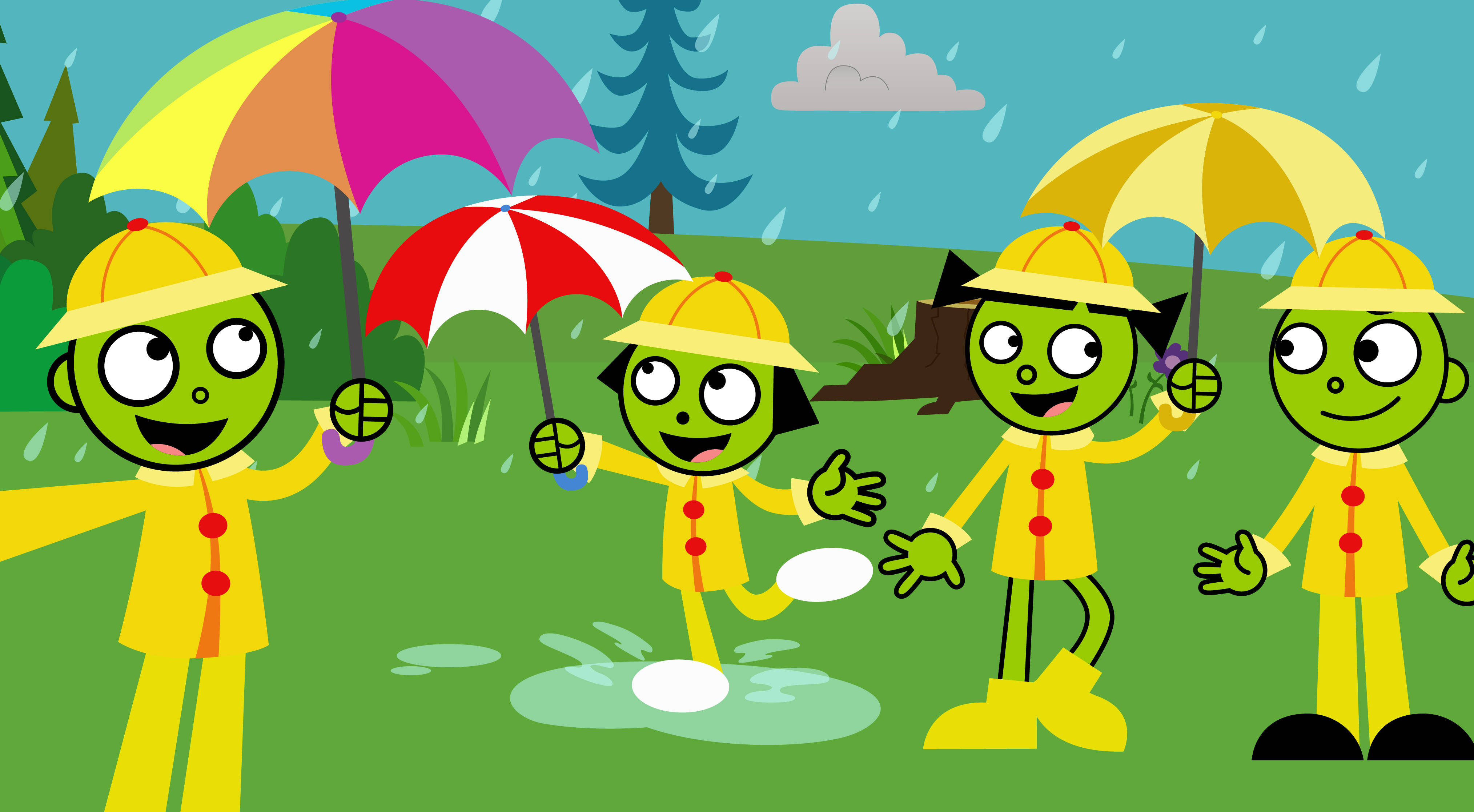 PBS Kids 黃色雨衣 壁紙 — 四個穿著黃色雨衣的綠色卡通角色在雨天裡，在彩色雨傘下開心地跳進水坑玩耍。