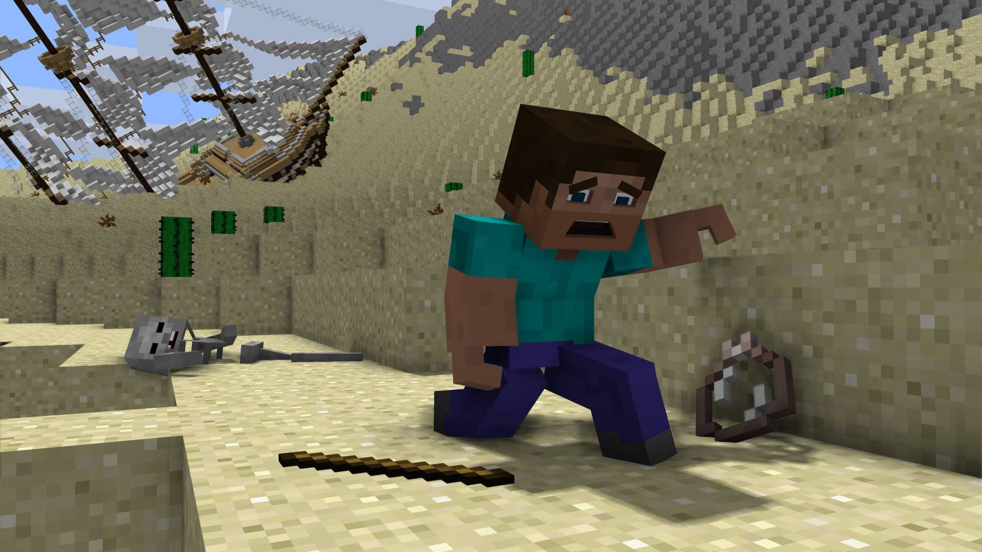 冒險的史蒂夫在《我的世界PC版》中探索沉船 壁紙 — 一個像素化的Minecraft角色在沙漠生物群系中，靠近一艘沉船和散落的物品，表現出驚訝的反應。