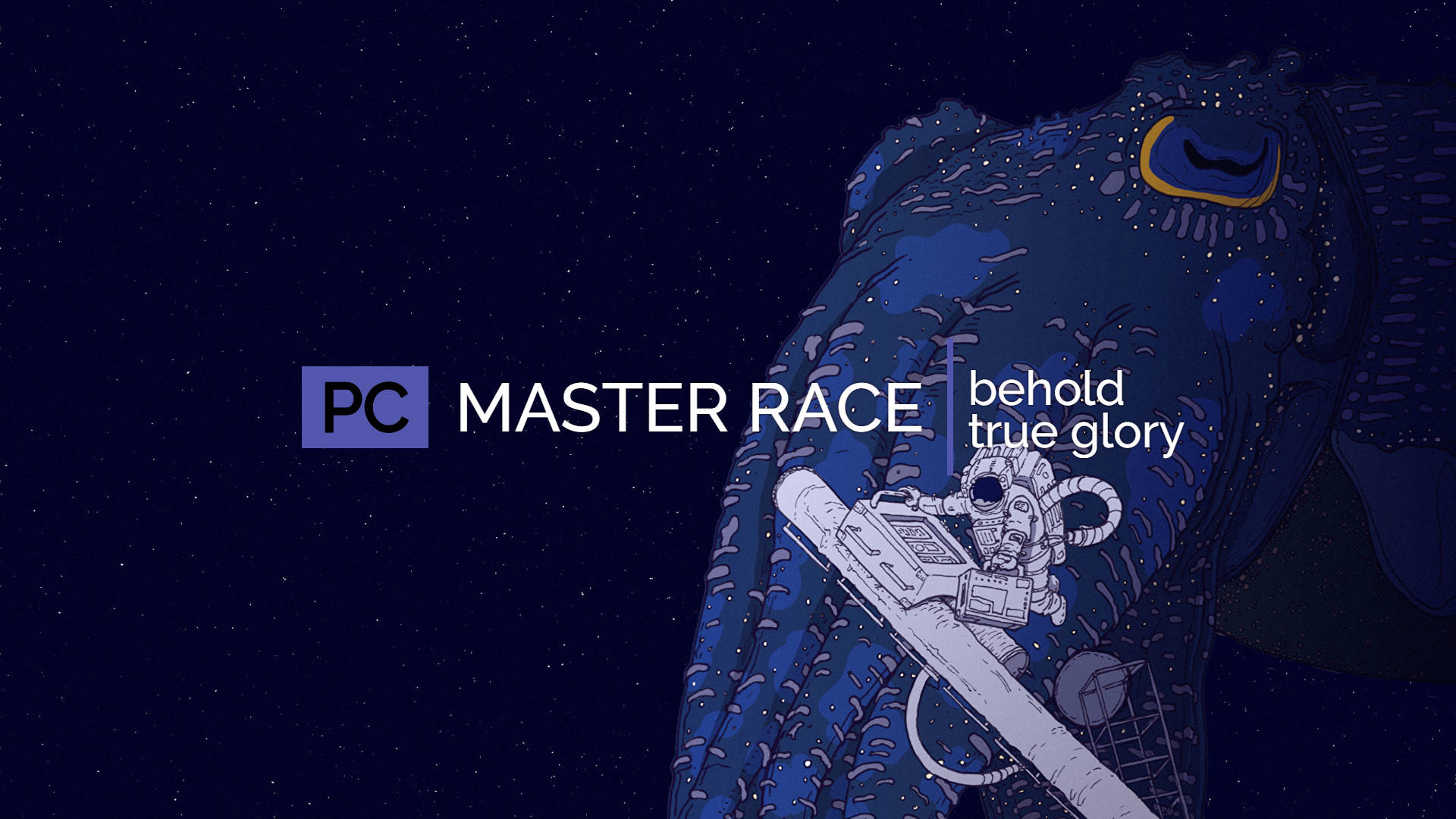 PC Master Race 太空宇航員 壁紙 — 一個風格化的太空人漂浮在一個巨大的藍色生物旁邊，背景是星空夜空，帶有'PC MASTER RACE'文字。