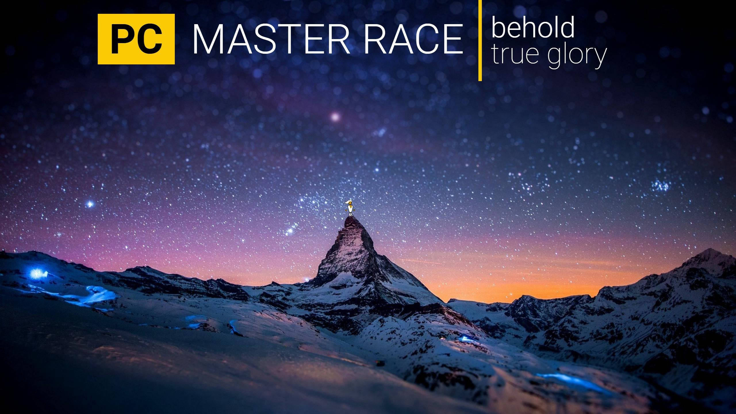 PC Master Race 山景與星空 壁紙 — 白雪覆蓋的馬特洪峰山峰在繁星點點的暮色天空下聳立，雪坡上閃爍著藍色光芒。