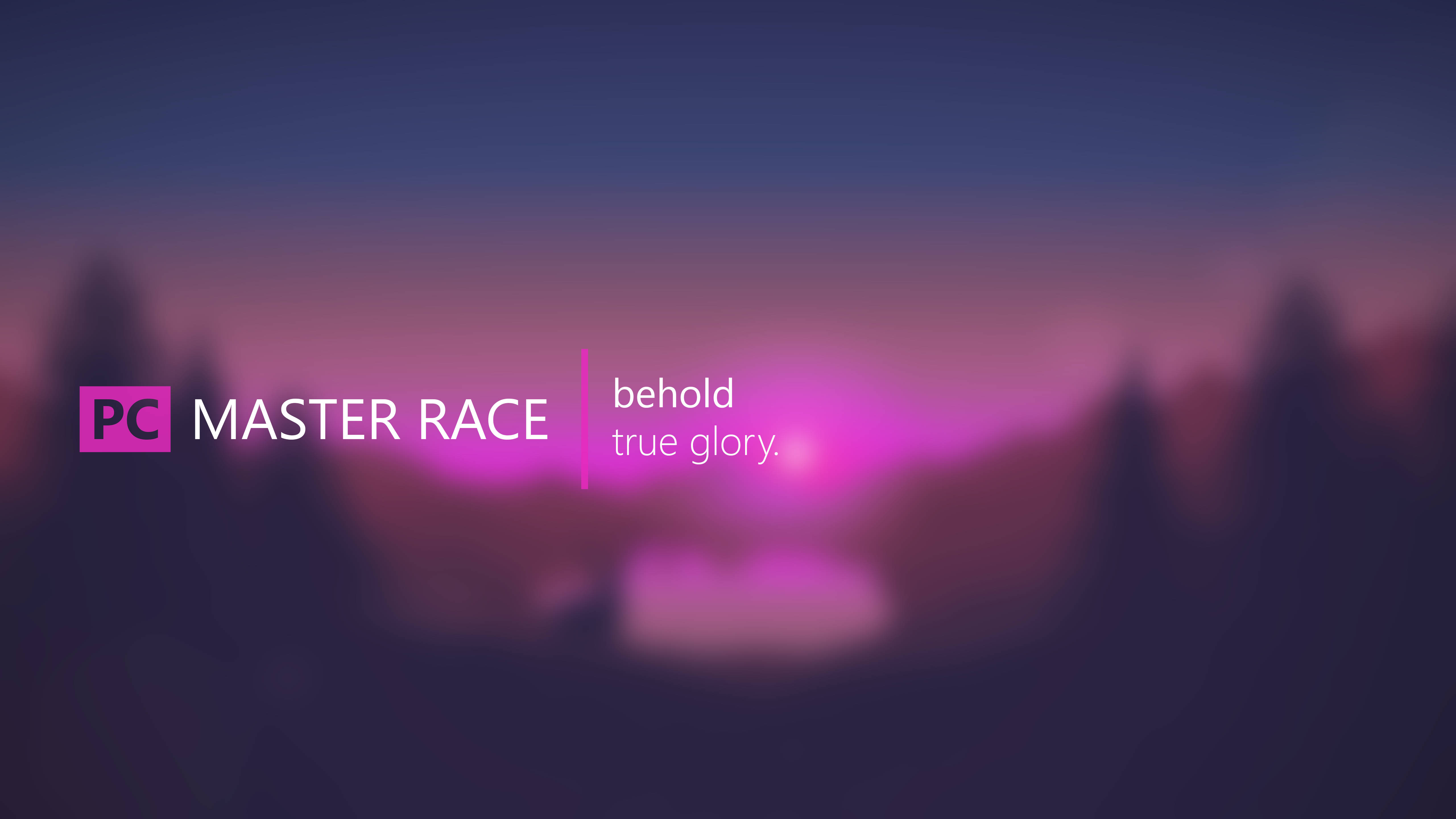 PC Master Race 模糊風景背景 壁紙 — 模糊的紫色和粉紅色日落背景，帶有發光文字 PC MASTER RACE behold true glory。