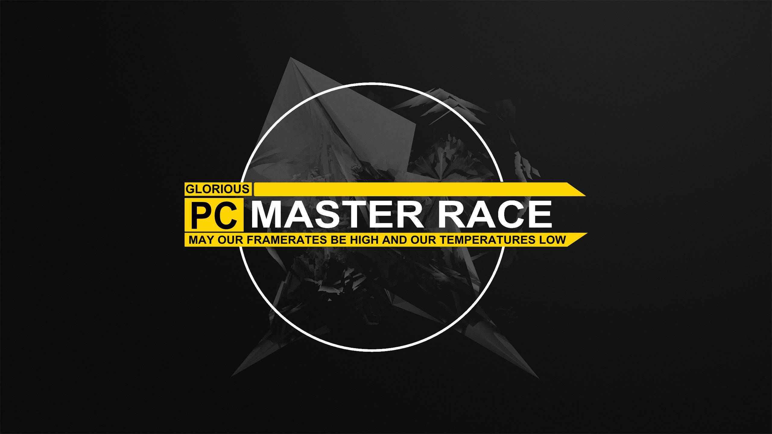PC Master Race 抽象人形圖案 壁紙 — 粗體黃色文字在帶有白色圓圈的深色抽象幾何背景上宣告「PC MASTER RACE」。