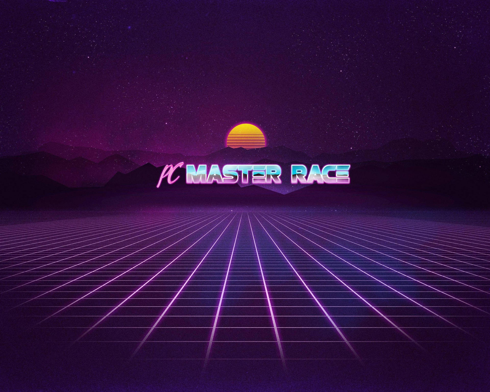 在紫色日落天空下，帶有「PC MASTER RACE」文字的霓虹網格景觀。