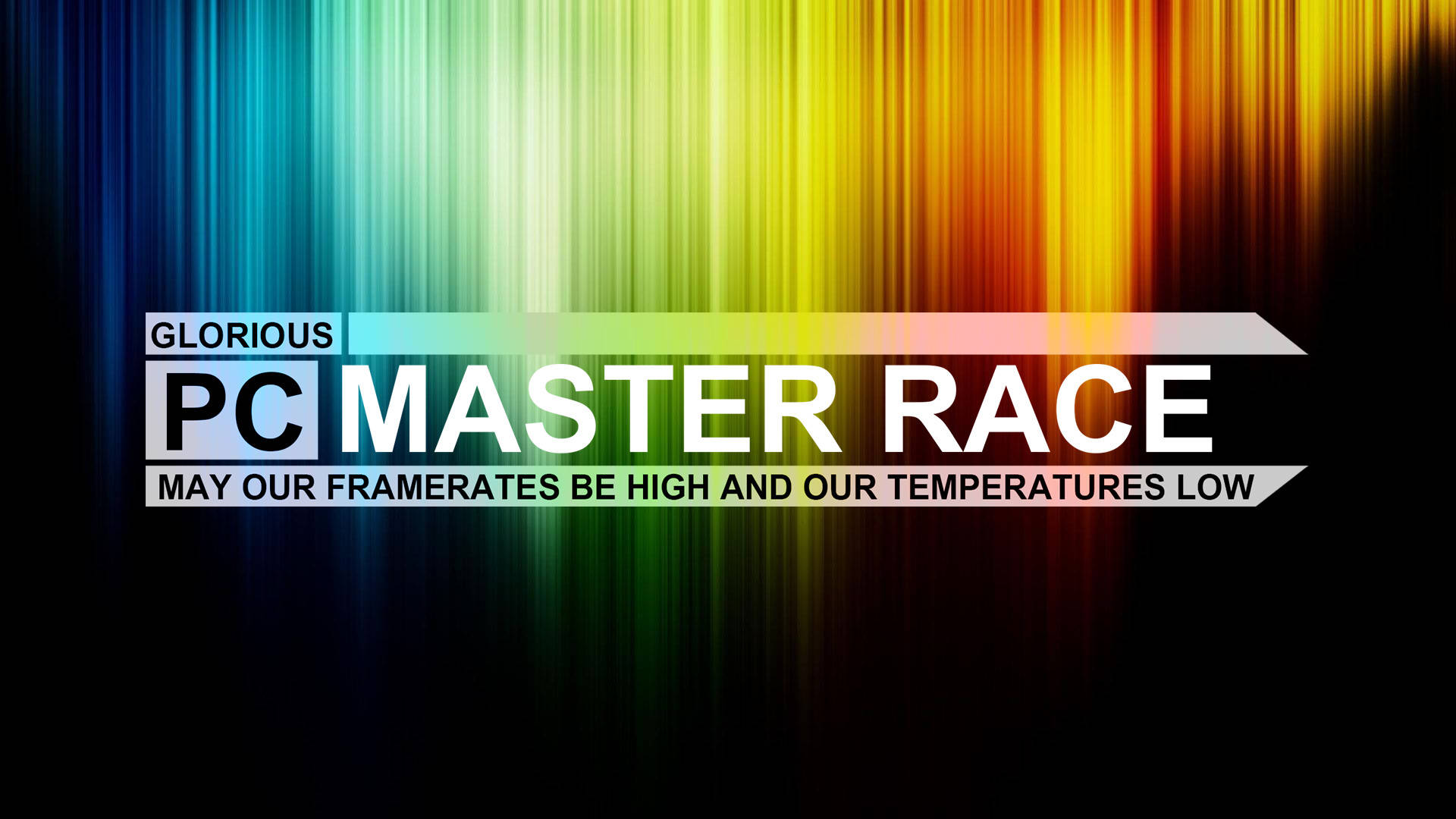 遊戲標語 PC Master Race，搭配彩虹背景及高幀率願望。