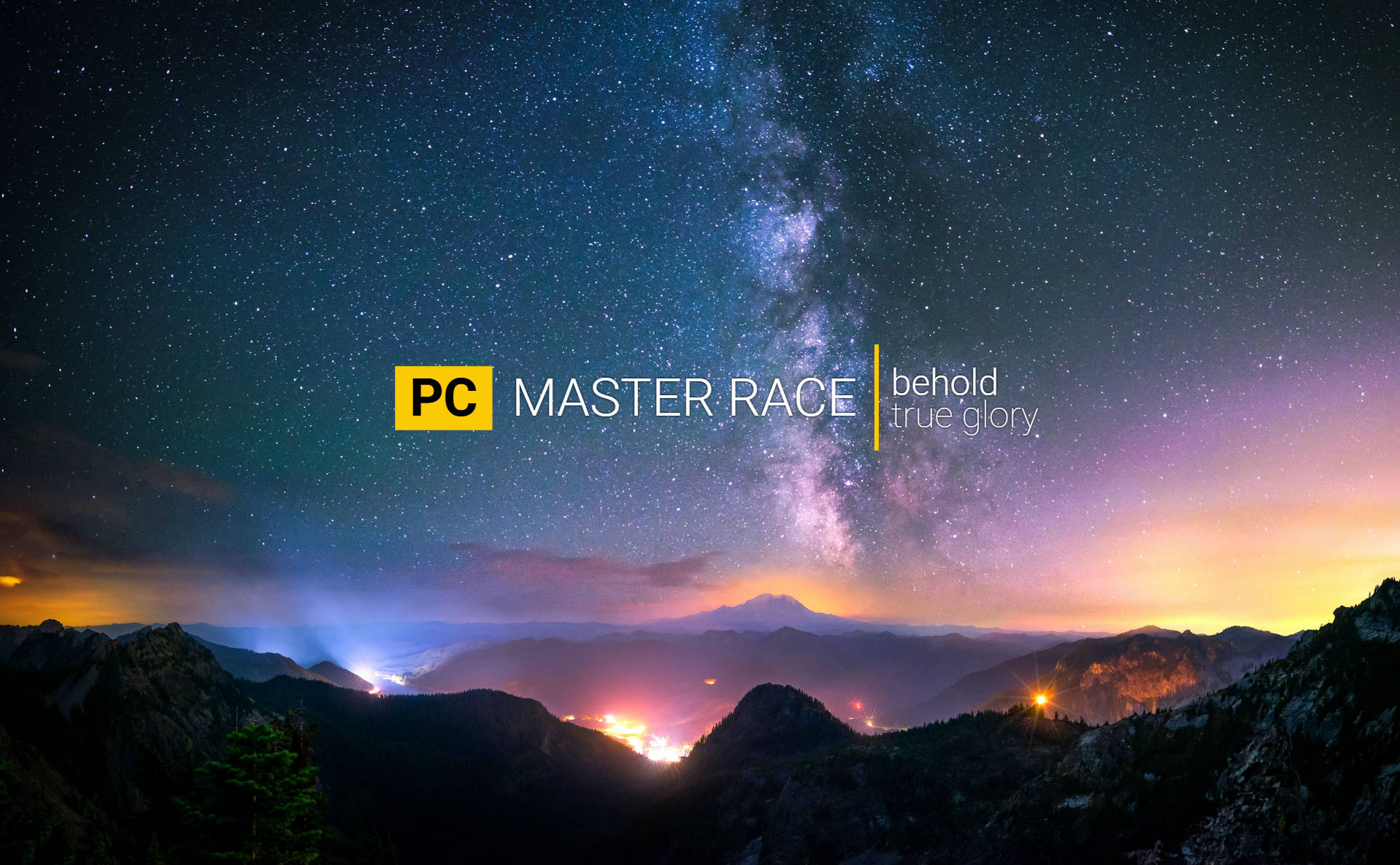 星空下的山脈，銀河系和閃爍的山谷燈光，帶有PC Master Race文字。