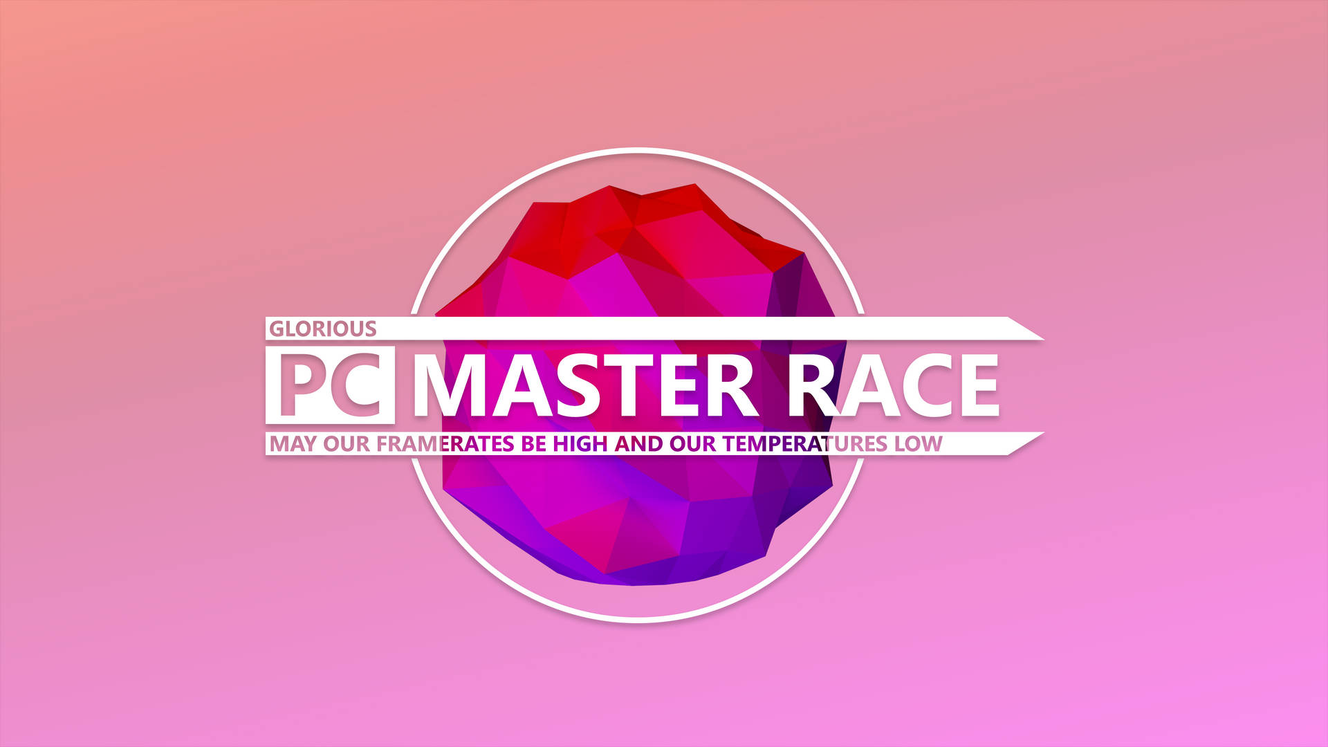PC Master Race標誌，帶有幾何水晶和粉紅漸變背景。