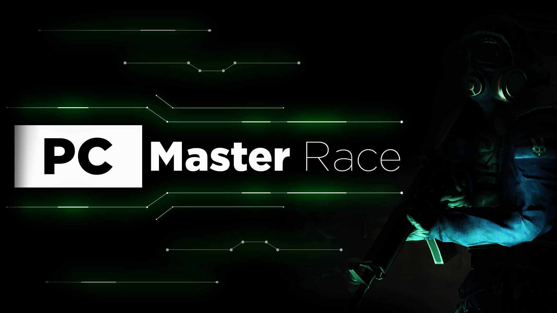 遊戲壁紙，戴著防毒面具的人物和「PC Master Race」文字周圍有發光的綠色線條。