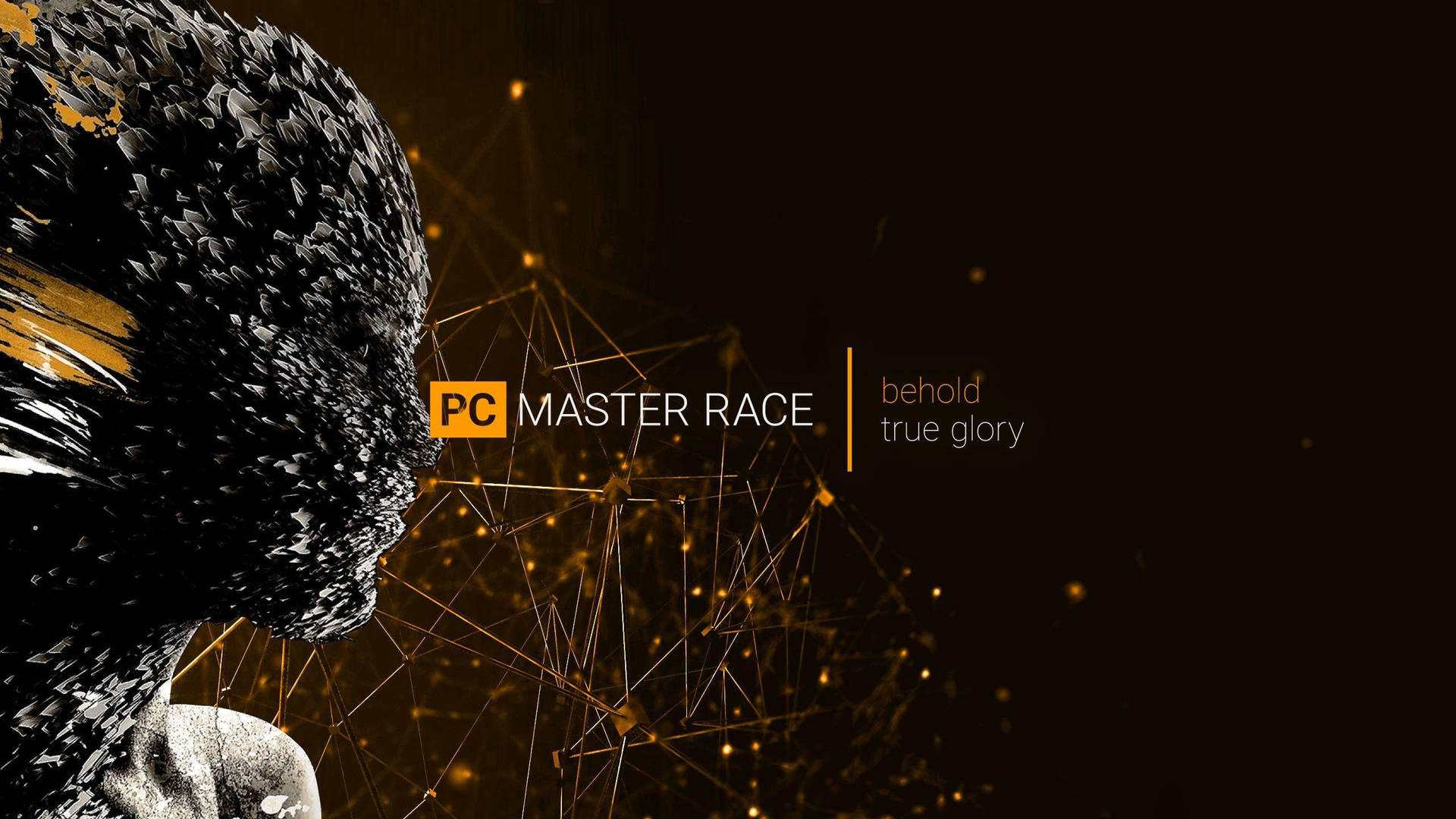 遊戲口號PC Master Race，帶有發光的金色粒子和抽象數位藝術。