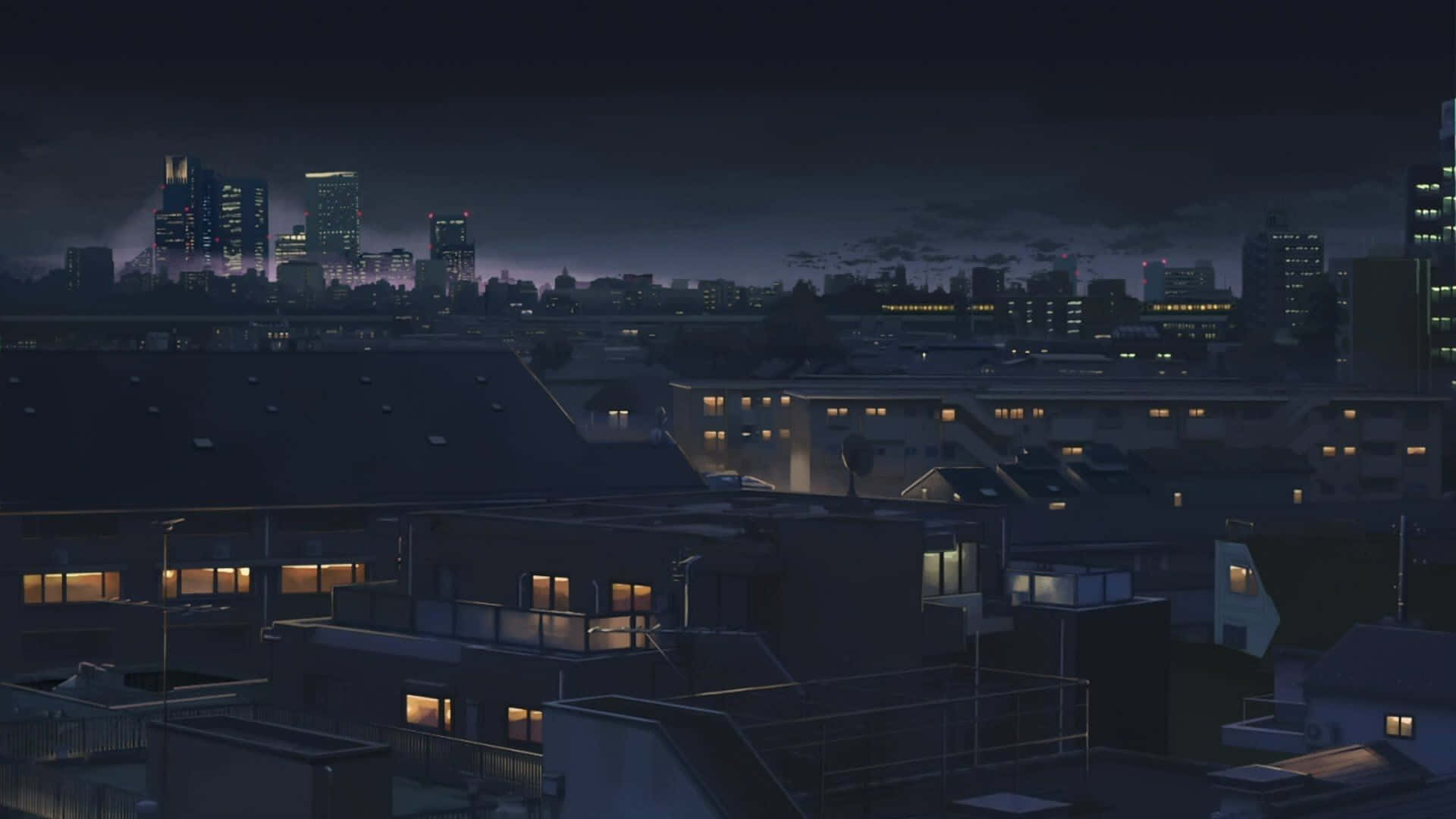 讓你的PC展現黑色動漫美學的驚豔之美 壁紙 — 寧靜的夜景，屋頂和遠處摩天大樓上閃爍的窗戶，在黑暗的天空下。