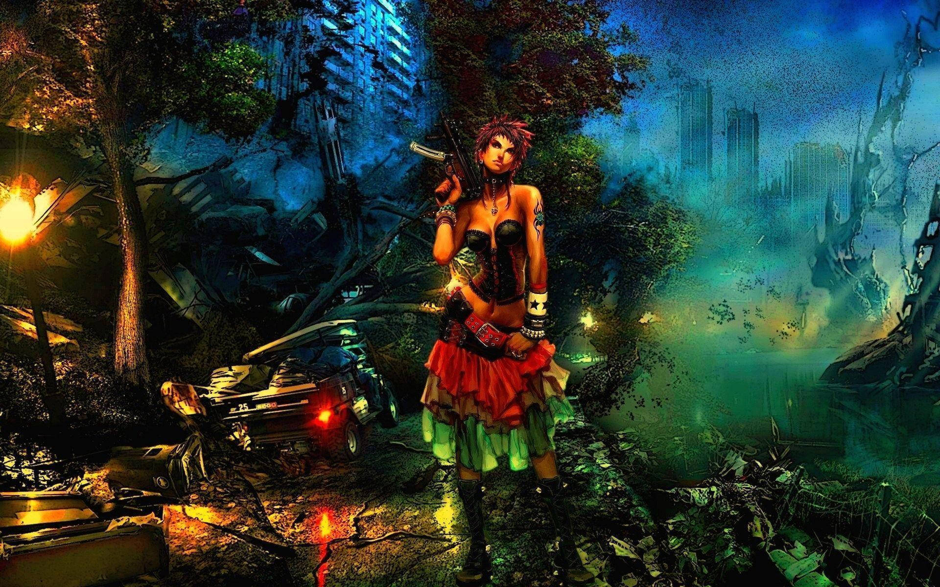 一位身穿紅綠鎧甲的女戰士，夜晚站在廢墟的未來森林中。
