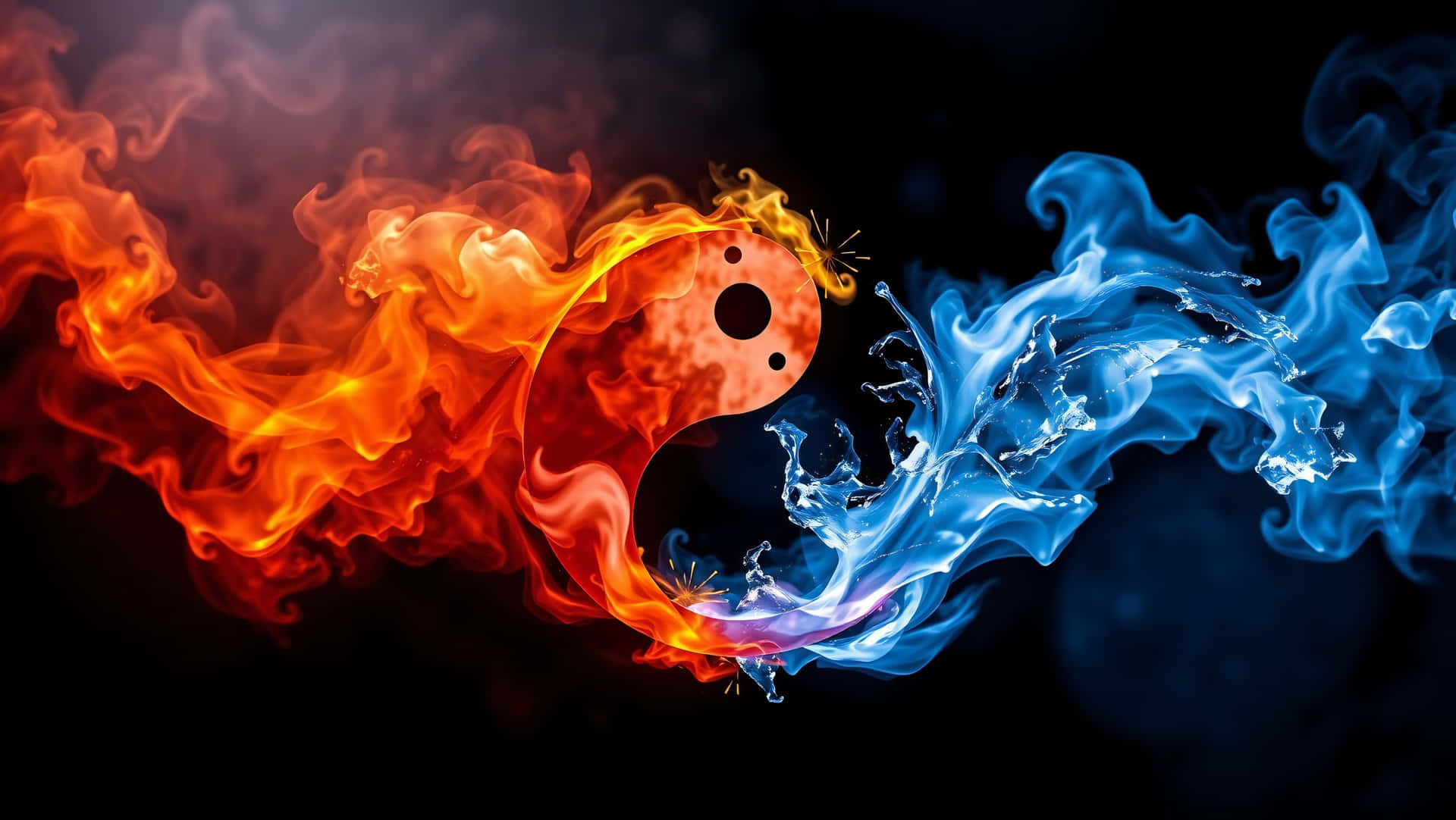 Peace Fire And Water 壁紙 — 一個火紅和冰藍的陰陽在黑暗背景上動態旋轉，伴隨著發光的餘燼和水滴。