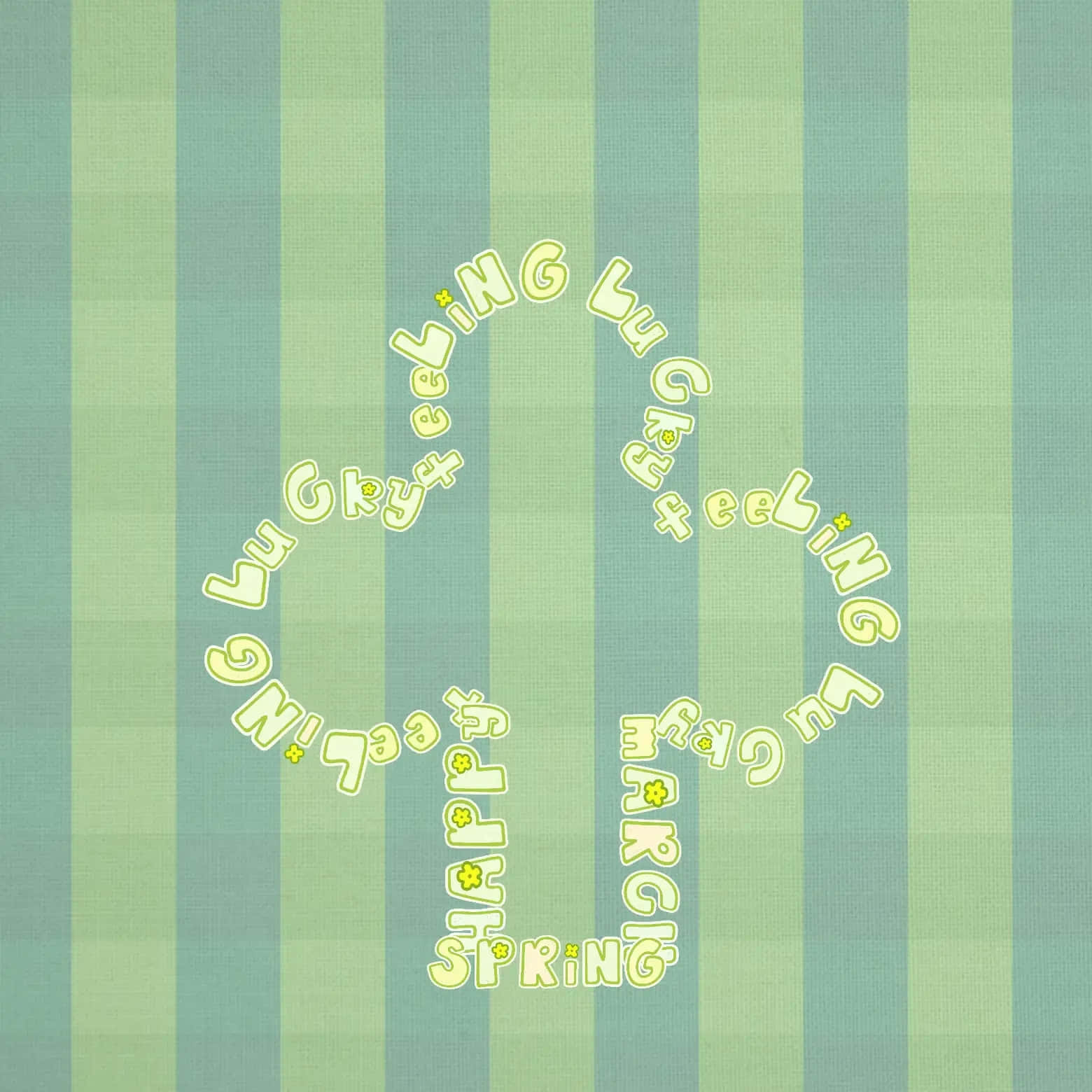  壁紙 — 一個由黃色文字組成的和平符號，上面寫著「feeling lucky」和「happy spring」，背景是綠色和藍色條紋。