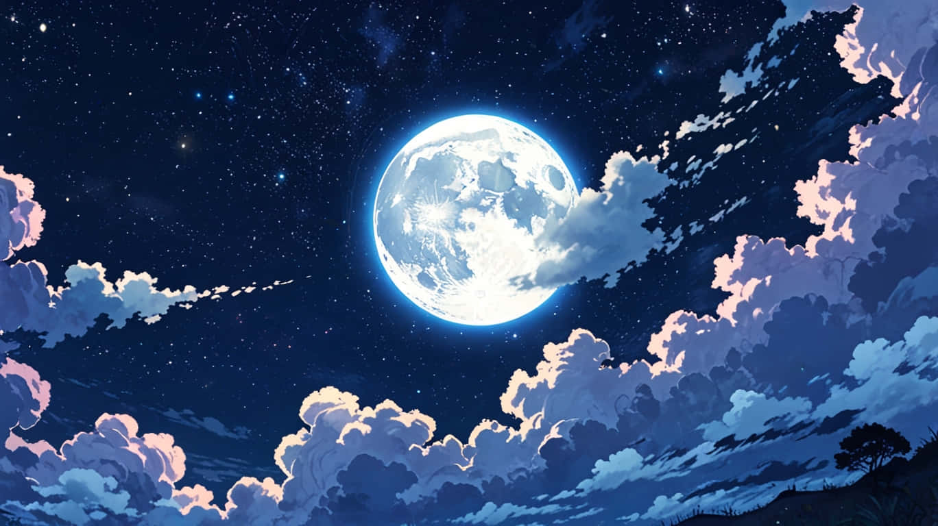 滿月透過粉紅色和藍色雲層照耀在繁星點點的夜晚，有樹木剪影