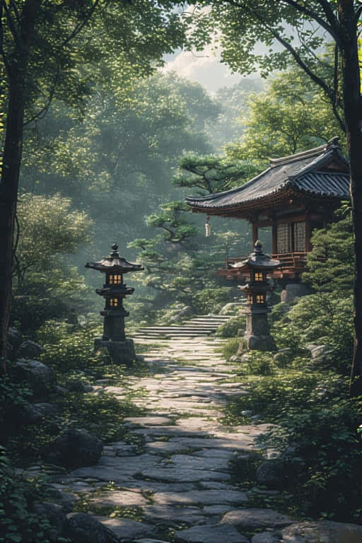 石徑穿過森林通往日本亭閣，帶有發光燈籠