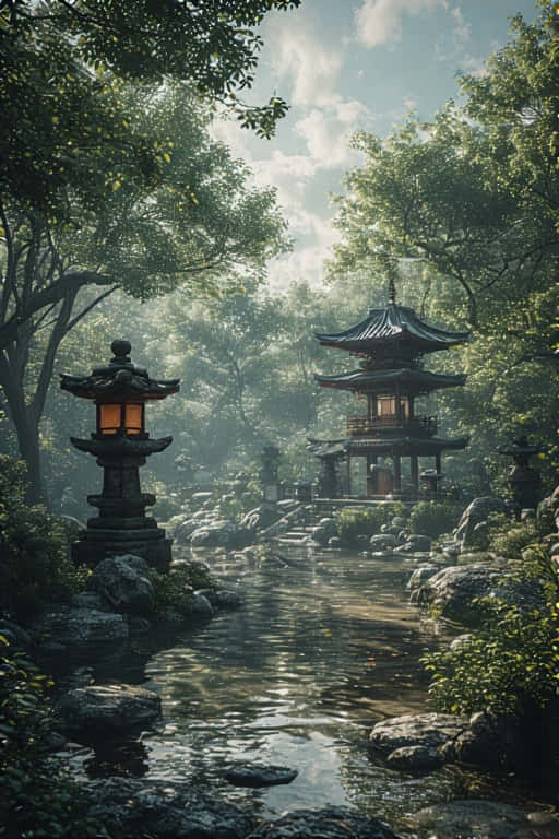 在茂密的日本花園中，霧氣繚繞的小溪旁發光的石燈籠，通向一座木製寶塔。
