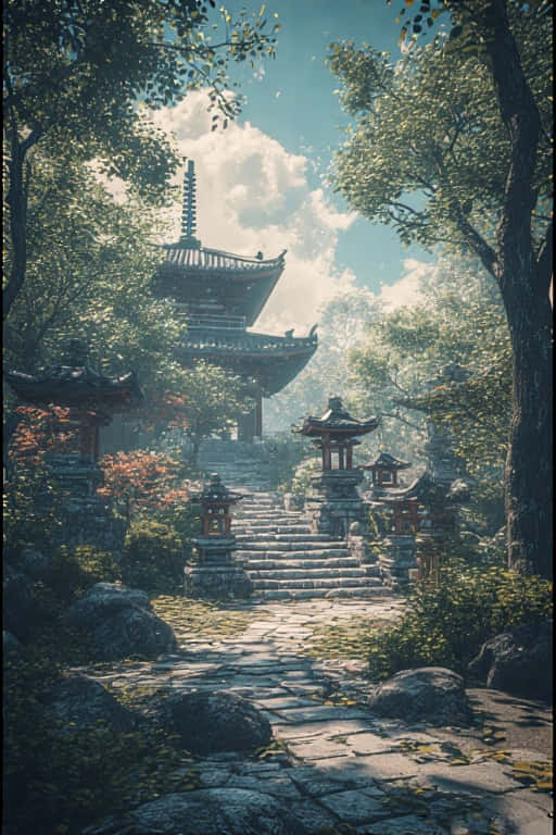 一條石徑通往一座被樹木和燈籠環繞的寶塔，天空晴朗。