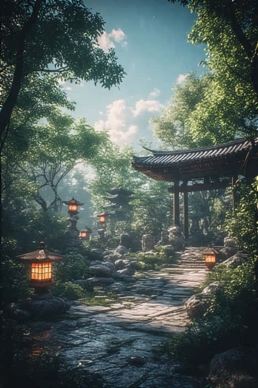 Peaceful Zen Garden with Stone Lanterns Minimalist 4K 壁紙 — 一條寧靜的石徑蜿蜒穿過茂密的綠色森林，通往一個由發光燈籠照亮的傳統木門。