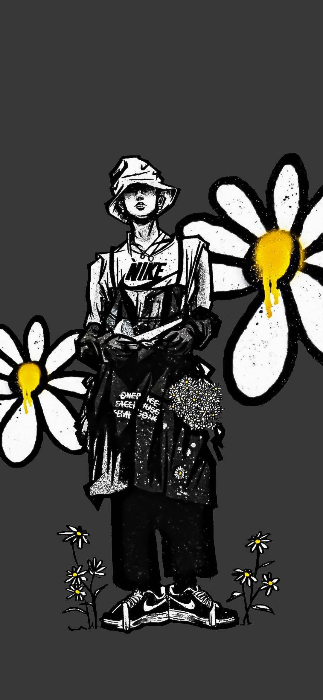 PEACEMINUSONE G-Dragon 粉絲藝術 壁紙 — 一個風格化的插圖人物戴著漁夫帽和穿著Nike裝備，站在帶有融化黃色中心的大型雛菊旁邊，背景為深灰色。
