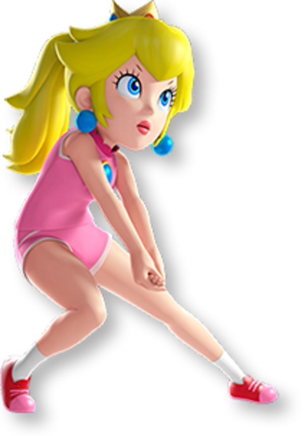 公主 Peach 運動裝束 壁紙 — 一個充滿活力的3D渲染碧姬公主穿著粉紅色泳衣，在黑色背景上動態伸展。
