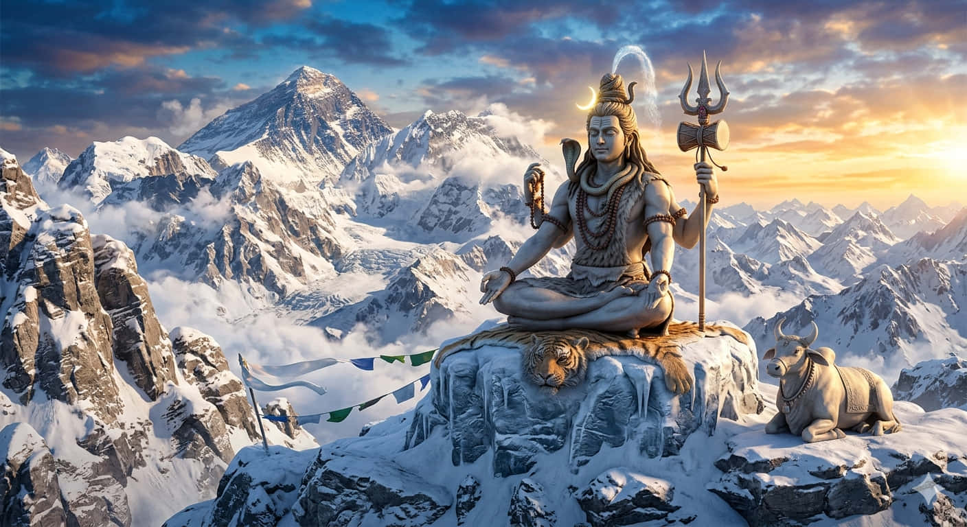 "Peak Devotion: Shiva’s Silent Domain" 壁紙 — 一座寧靜的濕婆石像在積雪的山峰上冥想，旁邊有一頭公牛和三叉戟，背景是壯麗的日落。