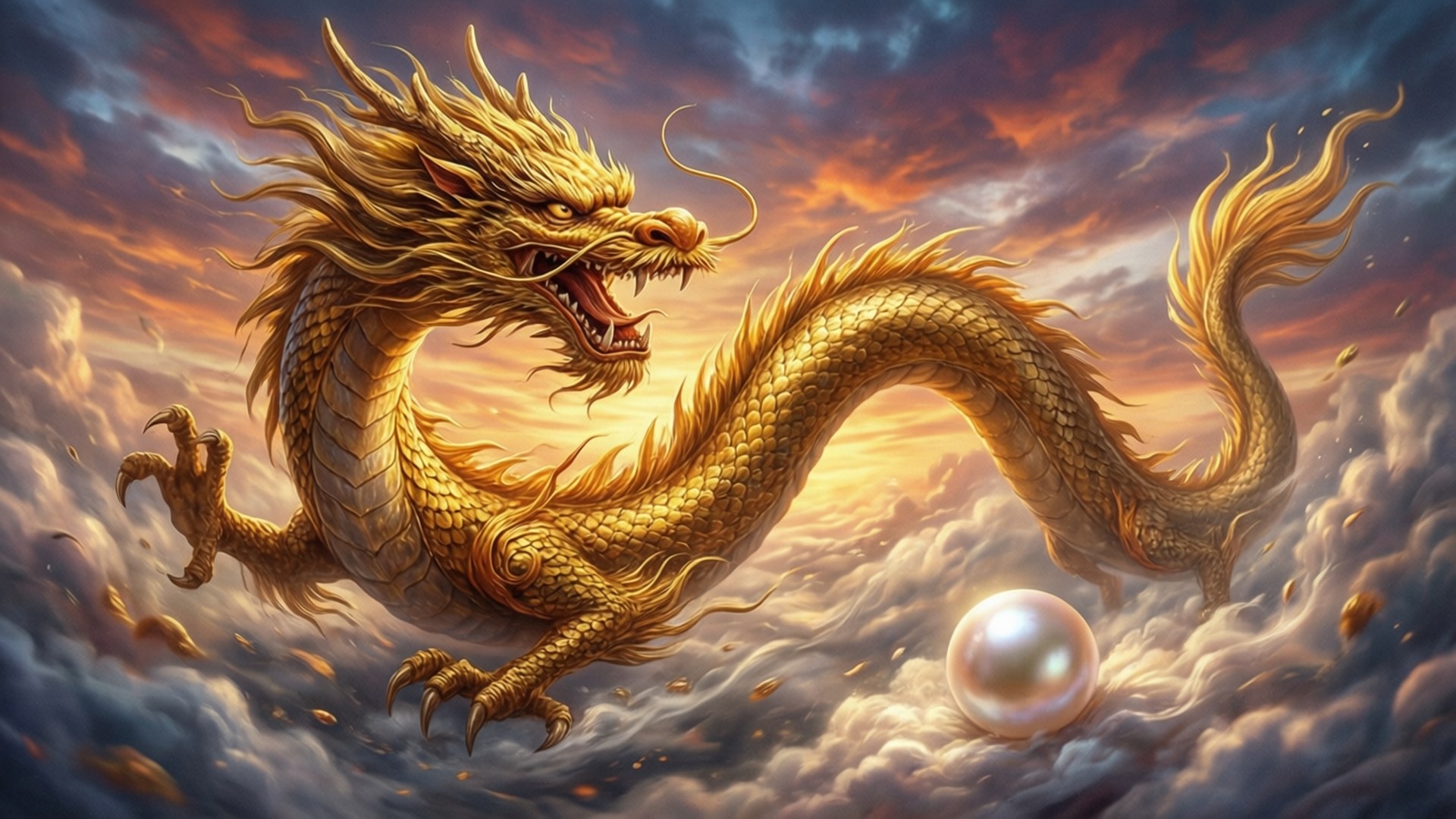一條細節鱗片的金龍在雲中飛翔，日落時分手持一顆發光的珍珠。