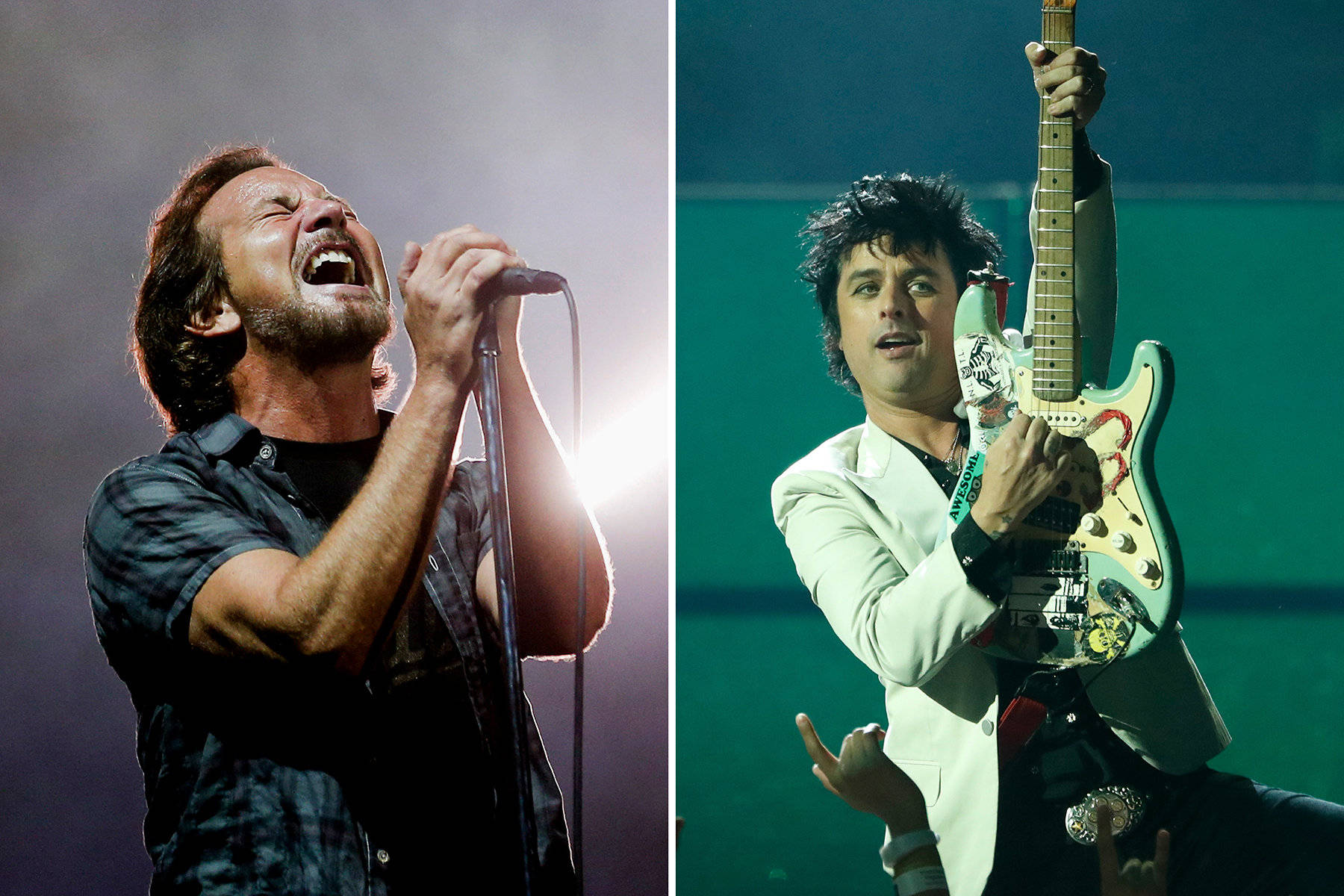 Pearl Jam 與 Green Day 樂隊主唱 壁紙 — 兩位搖滾音樂家在舞台上熱情演出，一位對著咪高峰唱歌，另一位在明亮的舞台燈光下拿著結他。