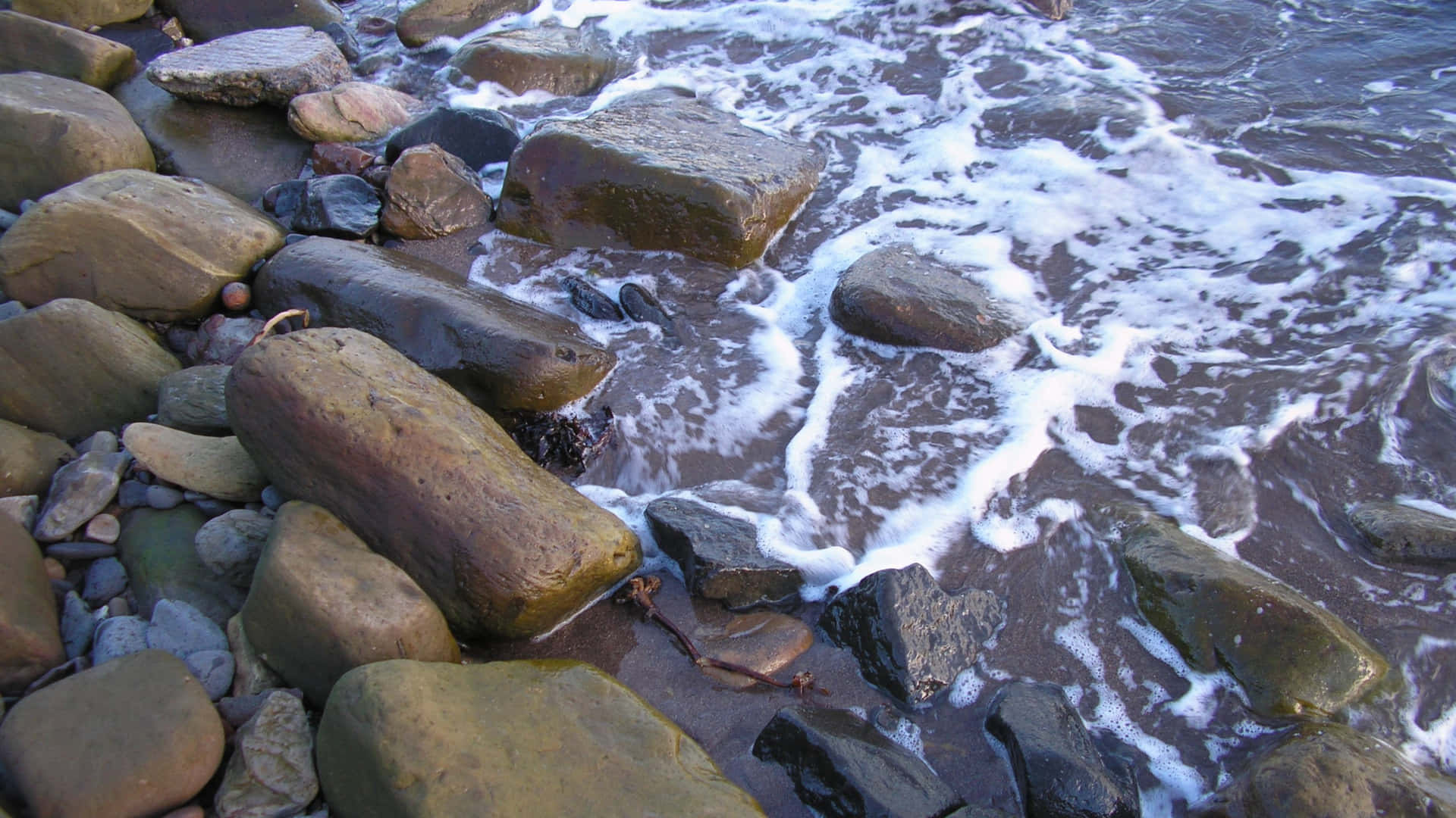 海浪拍打岩石海岸線上濕漉漉的岩石