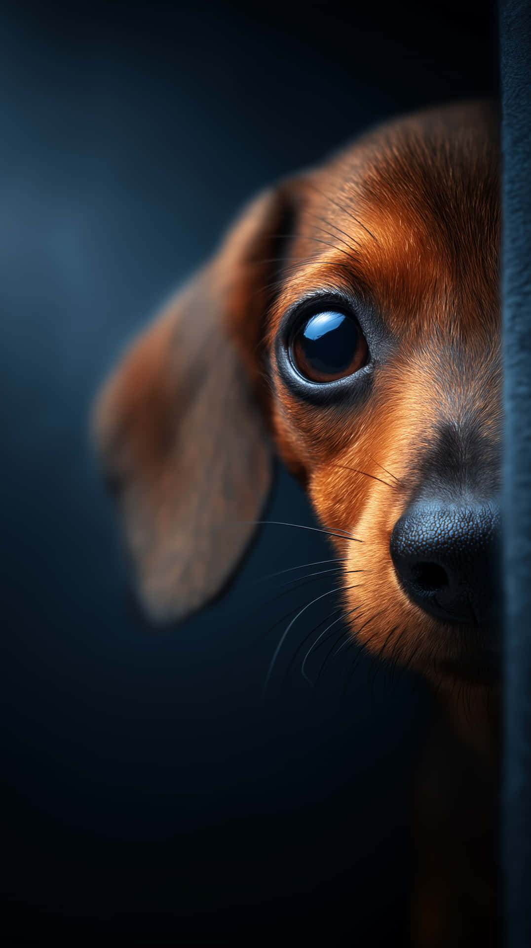 一隻棕色臘腸犬幼犬從深色表面後方窺視，睜著一雙充滿好奇的大眼睛。
