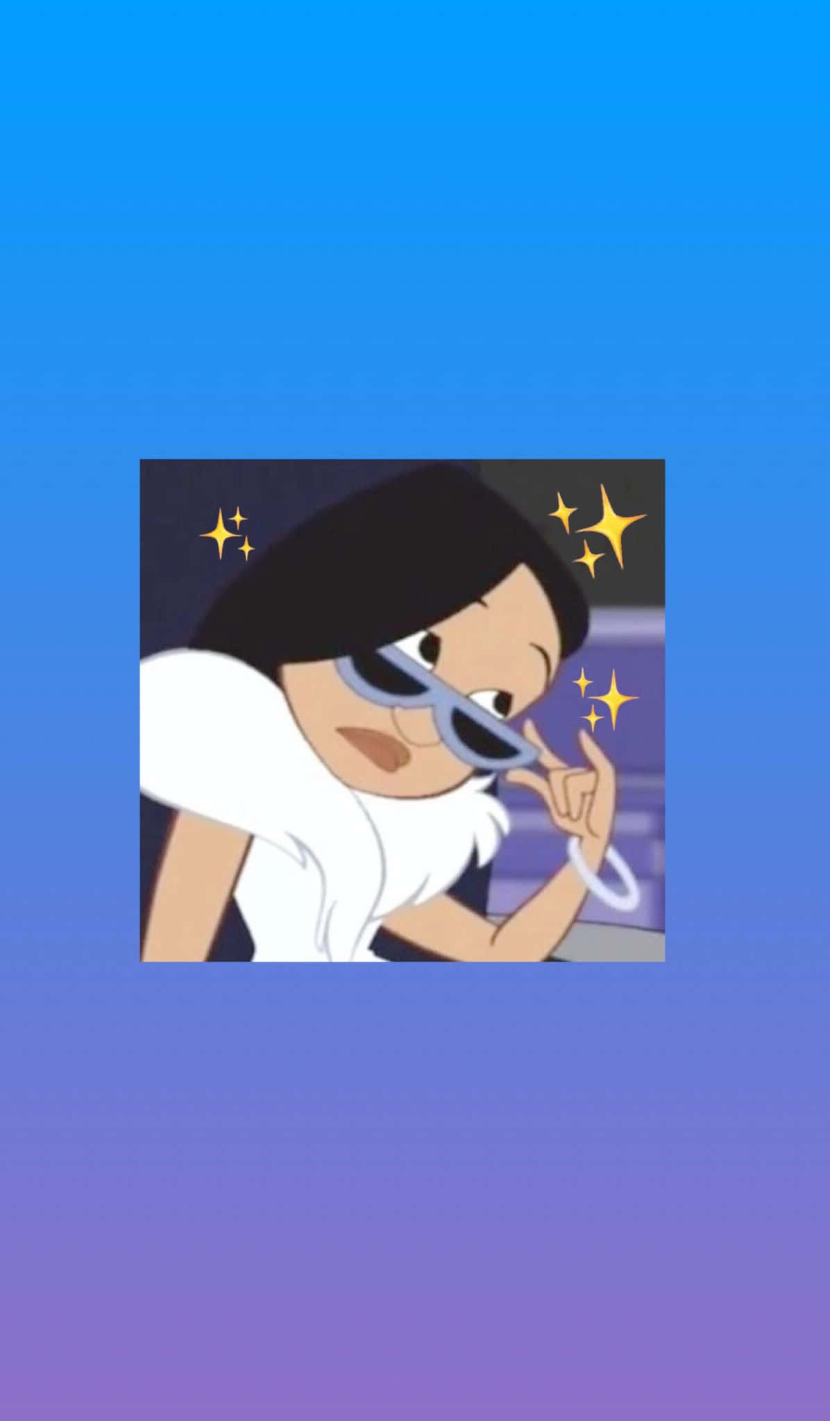 藍色壞女孩 Peeny Proud 壁紙 — 一個黑髮戴太陽眼鏡的卡通女孩，在藍紫漸變背景上擺出酷酷姿勢，周圍有閃爍光芒。