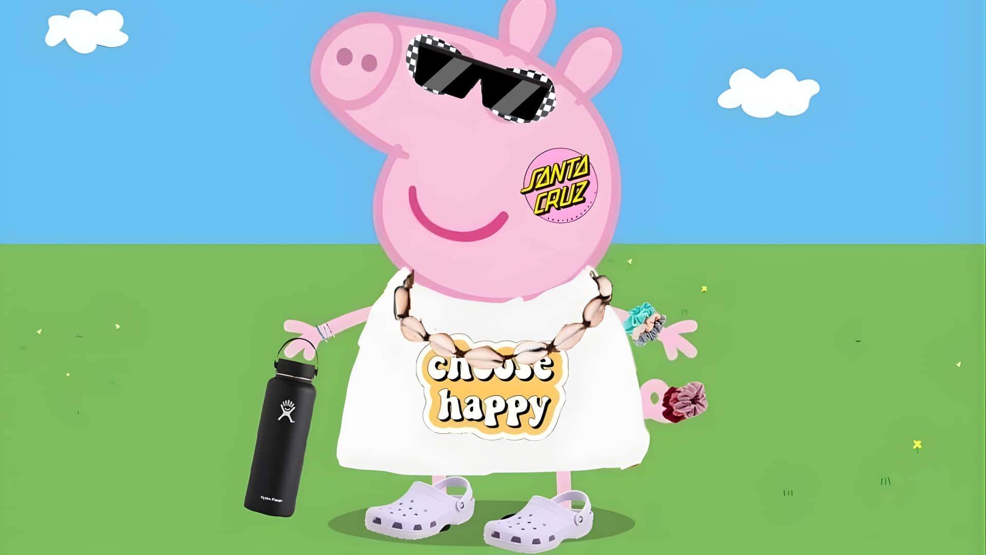  壁紙 — 佩佩豬戴着太陽眼鏡，身穿印有「choose happy」的T恤，站在綠色草地上，在藍天白雲下拿着水樽。