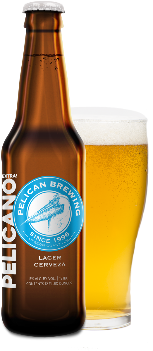 Pelican Brewing拉格啤酒瓶與玻璃杯 壁紙 — 一瓶帶有鵜鶘標誌的清涼琥珀色啤酒，旁邊放著一杯滿滿的金色拉格啤酒，頂部有白色泡沫。