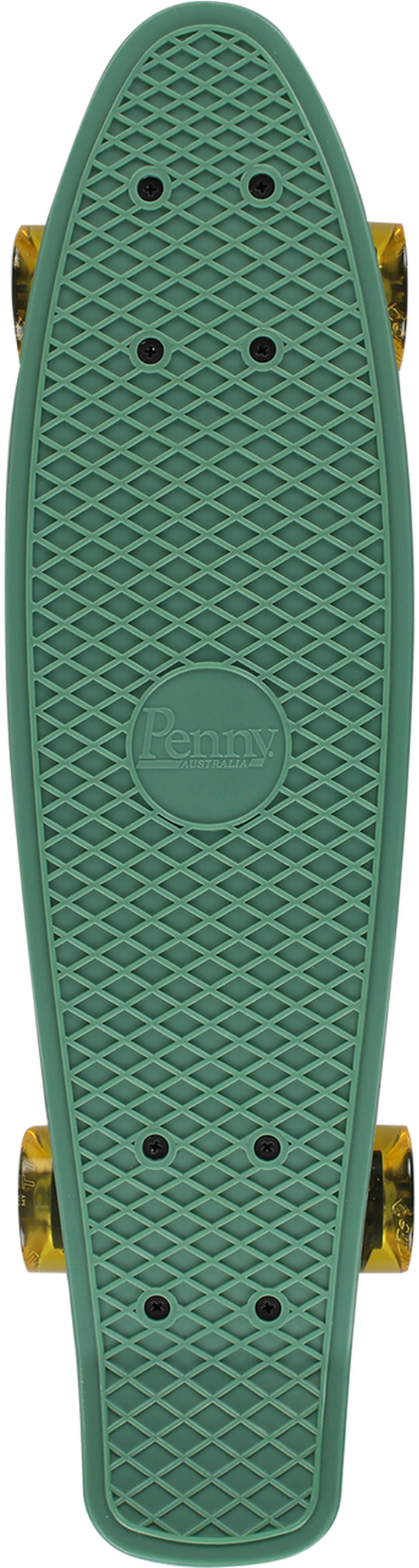 薄荷綠 Penny 滑板頂視圖 壁紙 — 綠色Penny滑板板面俯視圖，帶有鑽石防滑帶和黃色輪子。