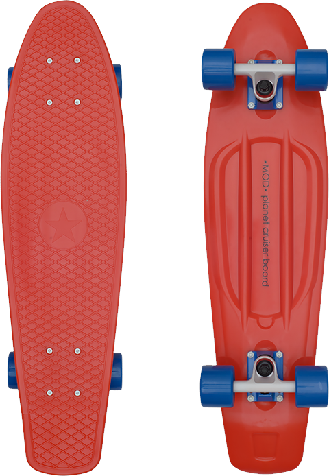 紅色 Penny 滑板配藍色輪子 壁紙 — 一個鮮紅色的penny board滑板，從頂部和底部視角展示在潔白背景上。