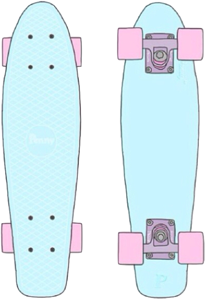 藍色 Penny 滑板配粉紅色輪子 壁紙 — 兩個粉彩粉紅色和淺藍色嘅 penny skateboards 以頂部和底部視角顯示喺黑色背景上。