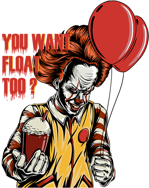 手持飲品與紅氣球的 Pennywise 小丑 壁紙 — 一個紅髮、身穿條紋西裝的可怕小丑，在黑色背景上拿著飲料和紅色氣球，並有滴落的文字。