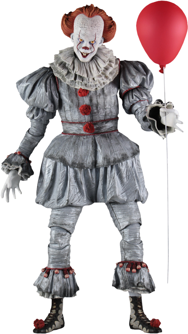 手持紅氣球的 Pennywise 小丑 壁紙 — 一個帶有紅髮和灰色皺褶服裝的威脅性小丑，在黑色背景下拿著一個紅色氣球。