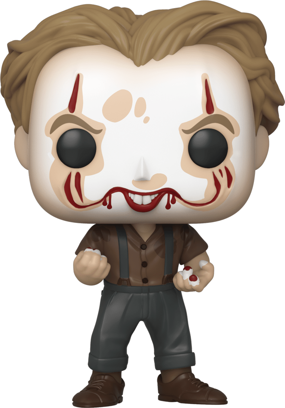 Pennywise Funko Pop 小丑人偶 壁紙 — 一個恐怖角色的 Funko Pop! 乙烯基公仔，白色臉孔上有紅色疤痕，血從嘴巴和眼睛滴下，穿著棕色襯衫、吊帶和灰色褲子。